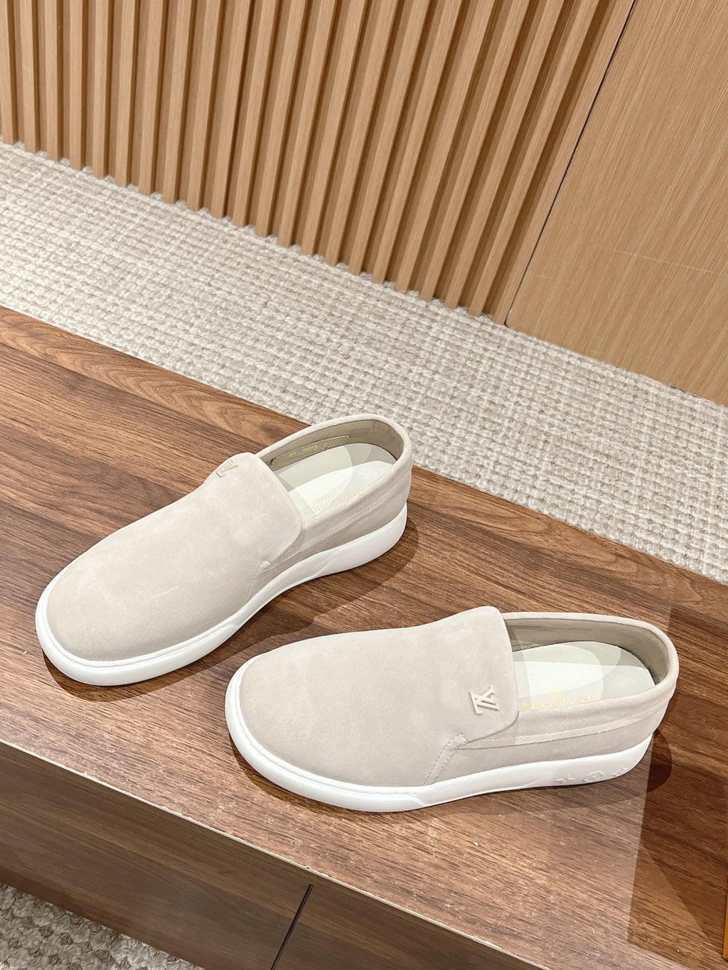 Louis Vuitton suede slip-on shoes pair, light beige, side and top view