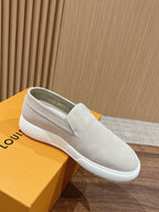 Louis Vuitton suede slip-on shoes, light beige, on box with white sole