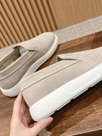 Louis Vuitton suede slip-on shoes, light beige, toe and instep view