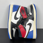 Pair of high-top sneakers angled, black upper with white swooshes, red patches, blue accents