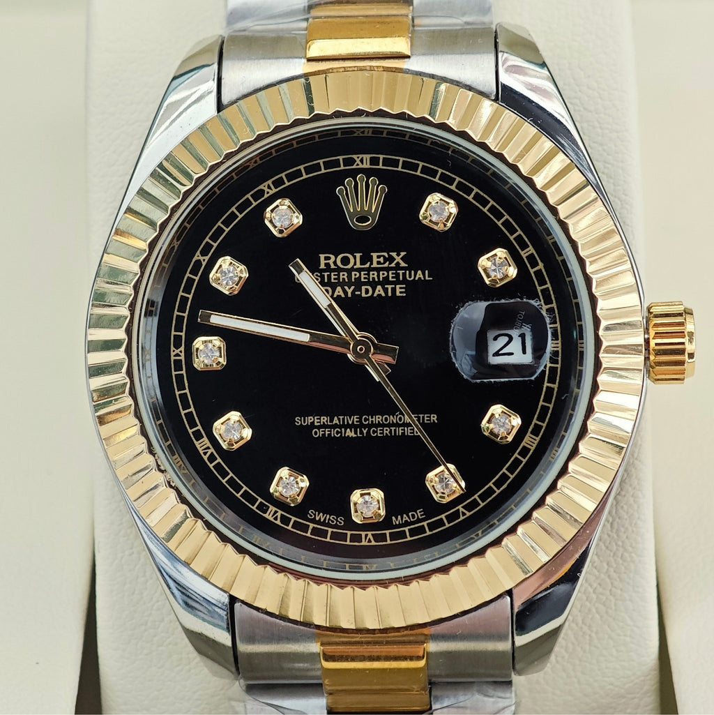 Rolex Day-Date wristwatch with black dial, gold bezel, and diamond-set hour markers