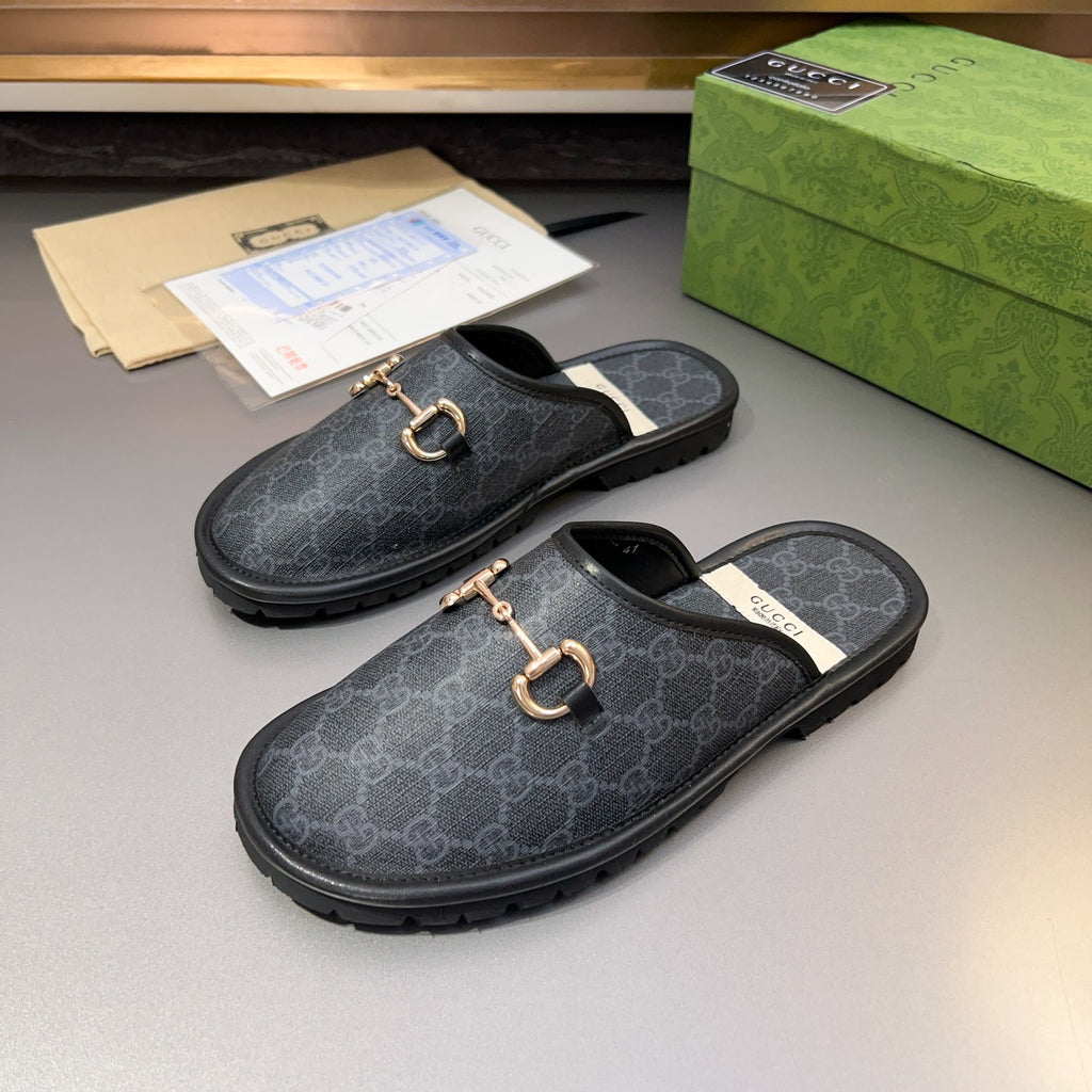 Gucci mule sandals with GG pattern and gold-tone horsebit detail, dark slide uppers on soles