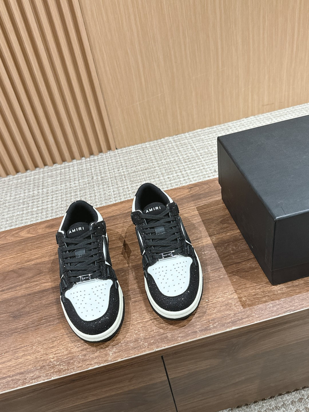 Amiri low-top sneakers, black glitter, white panels, black laces, rubber sole