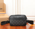 Men's Louis Vuitton monogram crossbody bag with adjustable strap and zip top, dark gray