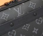 Louis Vuitton monogram strap detail with snap buttons on dark leather trim