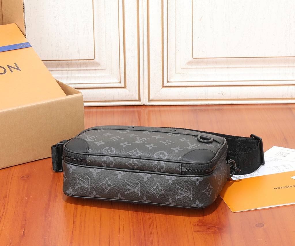 Louis Vuitton monogram crossbody bag with adjustable shoulder strap, top view