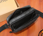 Louis Vuitton monogram crossbody bag interior view with double zip and front pocket, dark