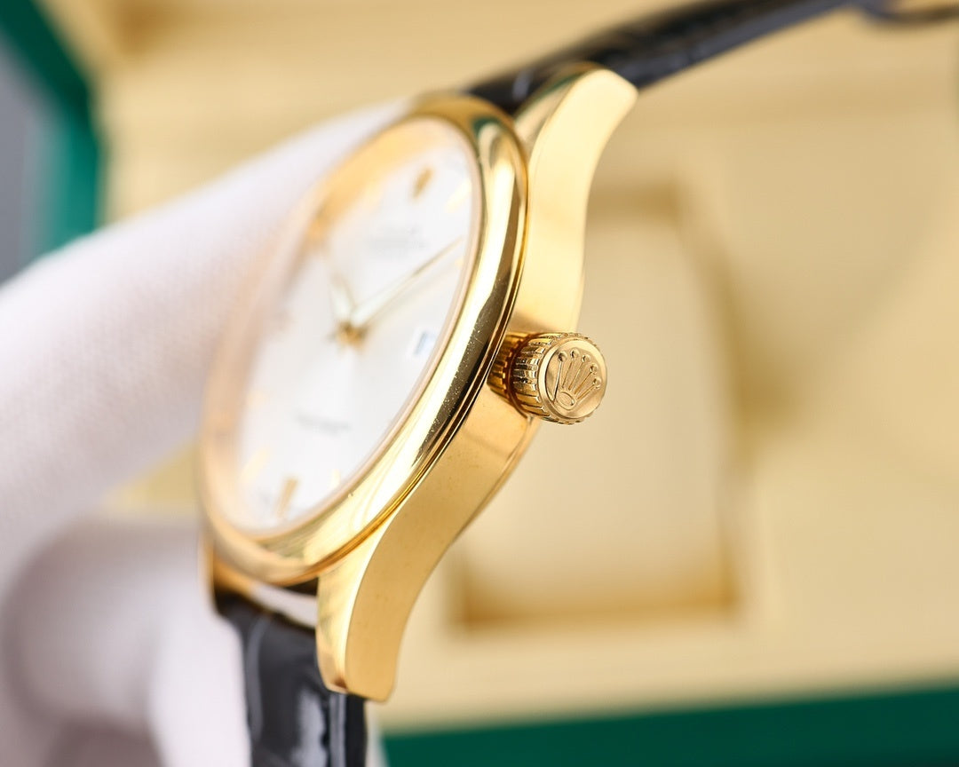 Rolex Datejust wristwatch side view with gold-tone case and black leather strap
