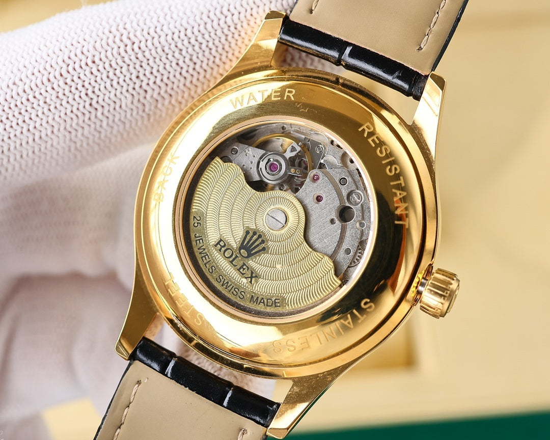 Rolex Datejust watch caseback with gold-tone back and visible “WATER RESISTANT” text