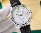 Rolex watch with white dial, silver-tone case, black leather strap