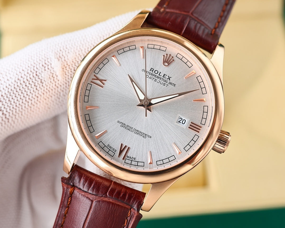 Rolex watch with silver dial texture, rose-gold tone case, burgundy leather strap