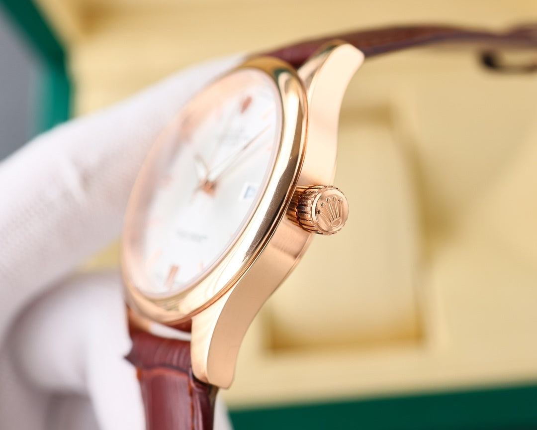 Rolex watch with rose-gold case and crown, burgundy leather strap