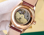 Rolex watch with open case back, visible mechanical movement, brown leather strap