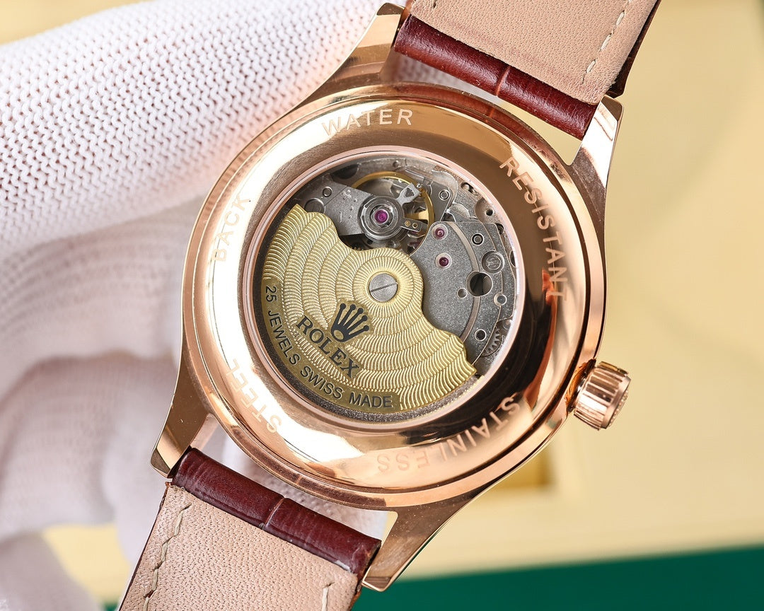Rolex watch with open case back, visible mechanical movement, brown leather strap