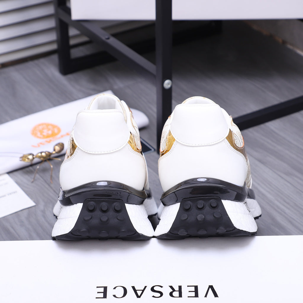 Versace sneakers with white back view and dark tread soles, showing heel profile