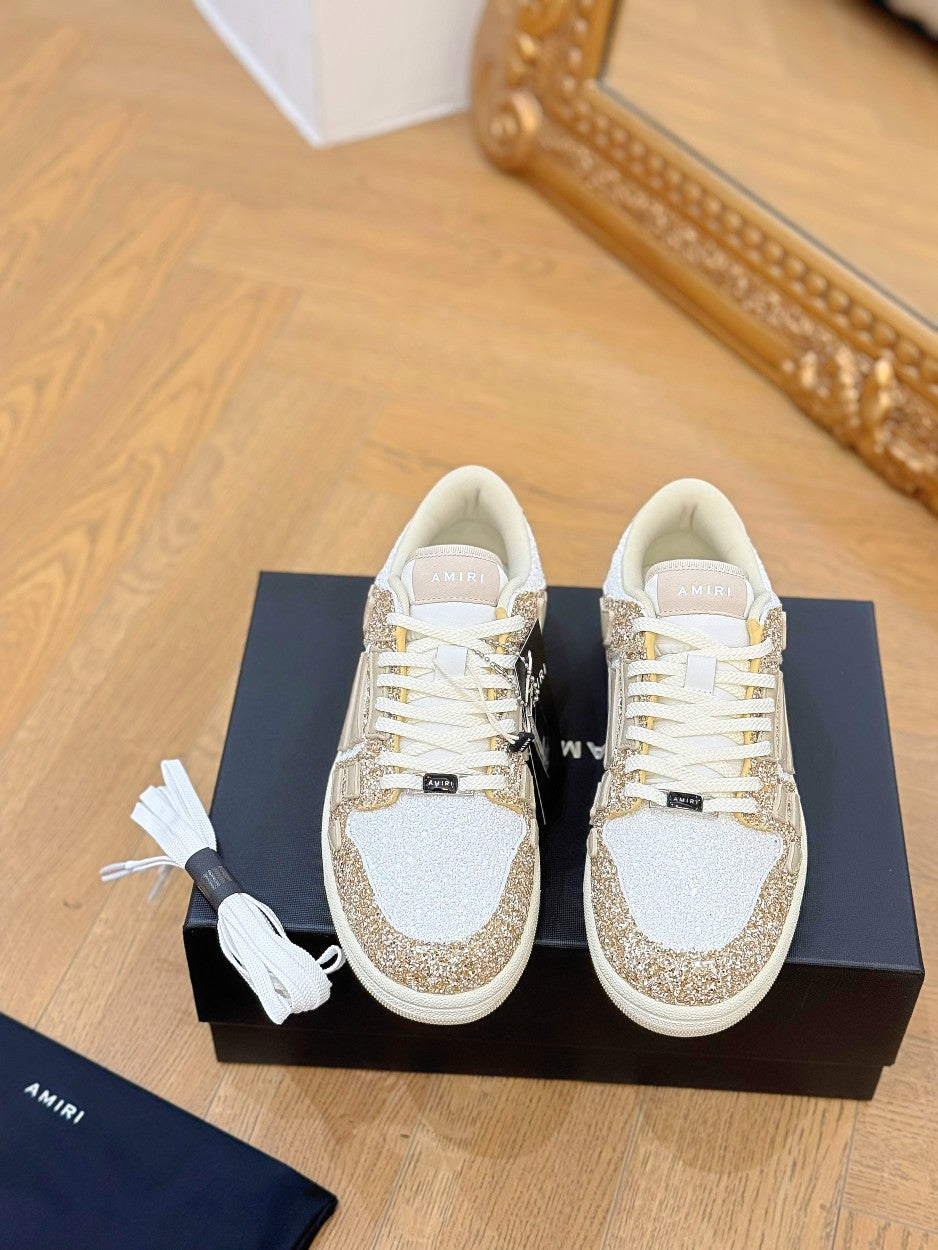 Amiri lace-up sneakers, white uppers with gold glitter toe and side panels