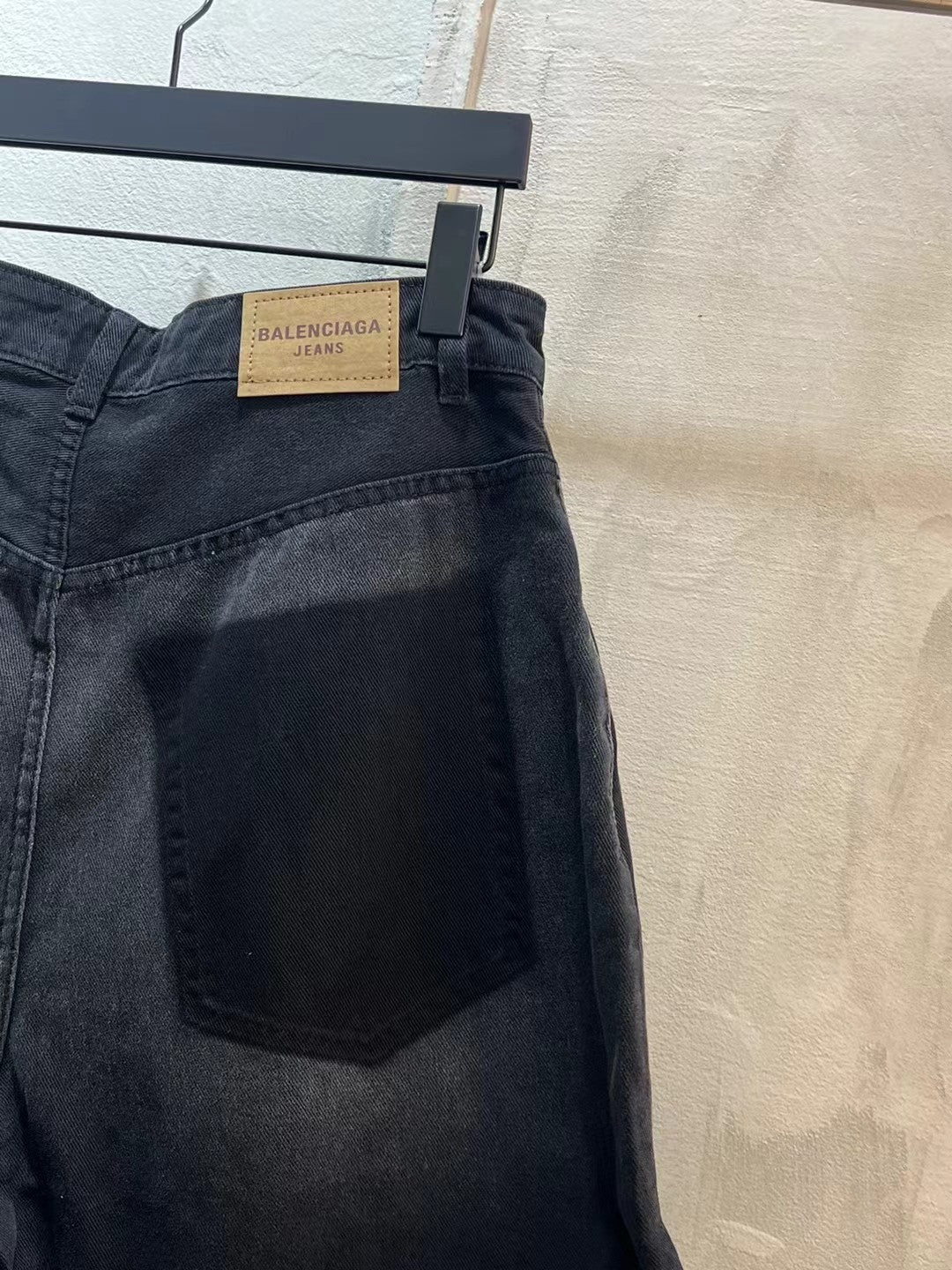 Balenciaga denim jeans shorts, dark blue, front pocket detail, frayed edges