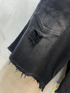 Balenciaga denim shorts, dark blue, distressed leg opening, frayed hem, pocket flap