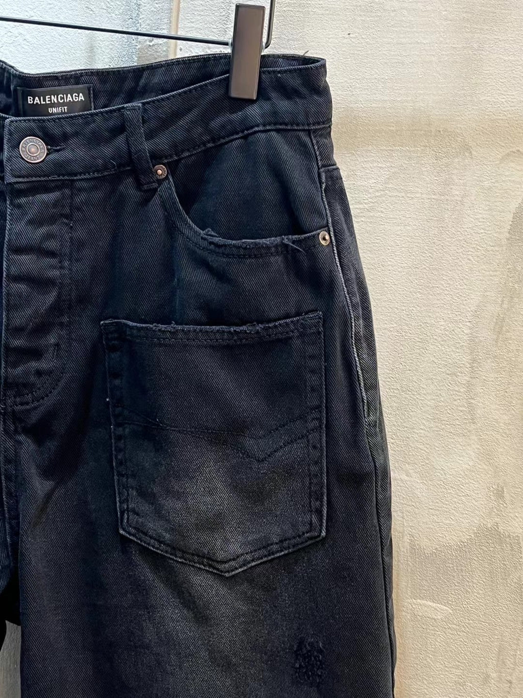 Balenciaga denim jeans shorts, dark blue, button fly, front patch pockets