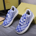 Blue and white knit lace-up sneakers with white rubber sole
