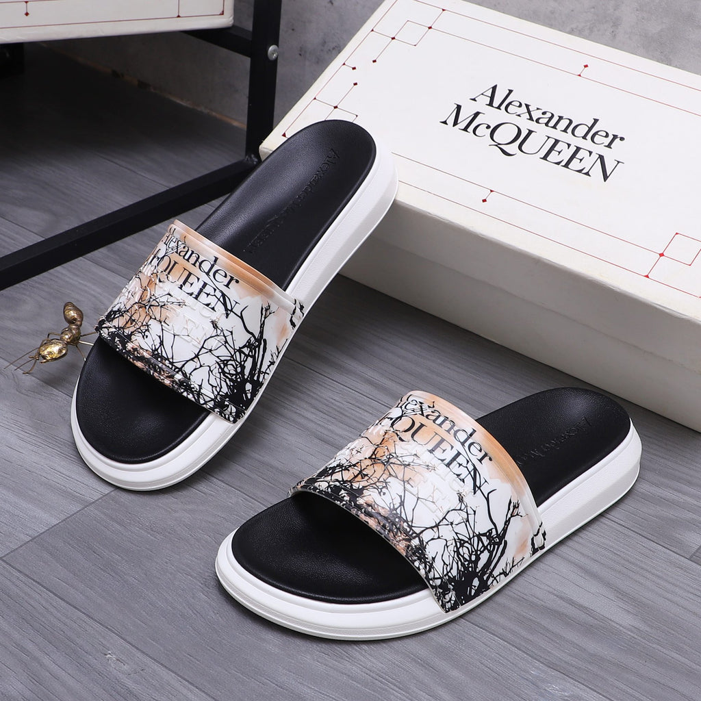 Alexander McQUEEN slide sandals, black footbed, white sidewall, beige-and-black print