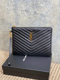 YSL quilted small bag with chevron pattern, gold YSL logo, top zipper, chain strap