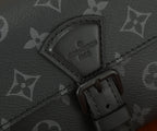 Louis Vuitton strap close-up with stitched leather tab and metal buckle