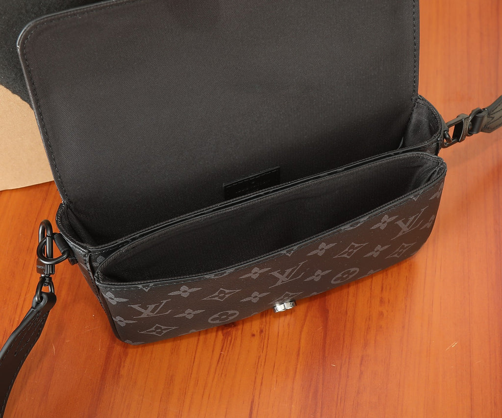 Louis Vuitton monogram crossbody bag with open top and dark interior lining