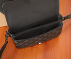 Louis Vuitton monogram crossbody bag with open top and dark interior lining