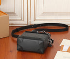 Louis Vuitton monogram small crossbody bag with black strap, side view