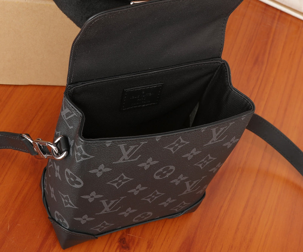 Men's Louis Vuitton monogram crossbody bag with front flap and open interior