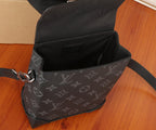 Louis Vuitton monogram crossbody bag open, showing black interior lining