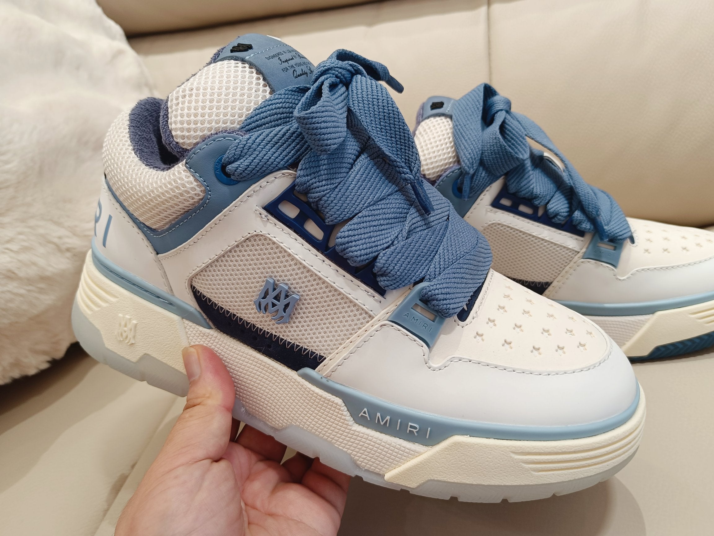 Amiri low-top sneakers, white and blue with lace-up closure and side patch