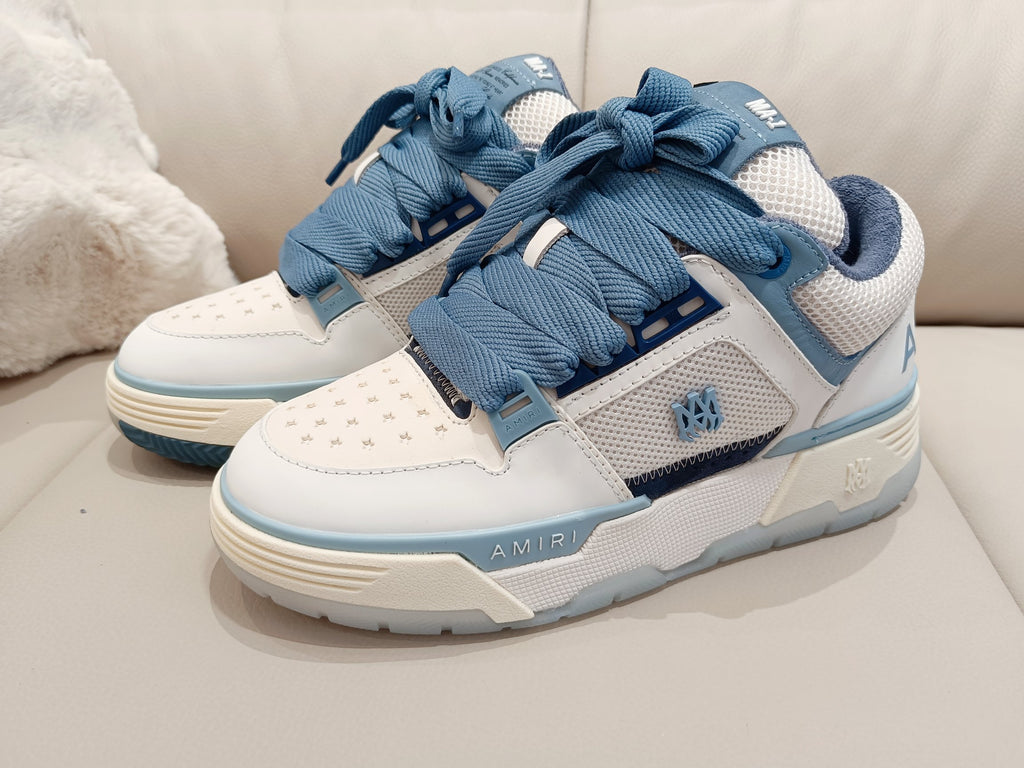 Amiri low-top sneakers, white uppers with blue overlays and lace-up design