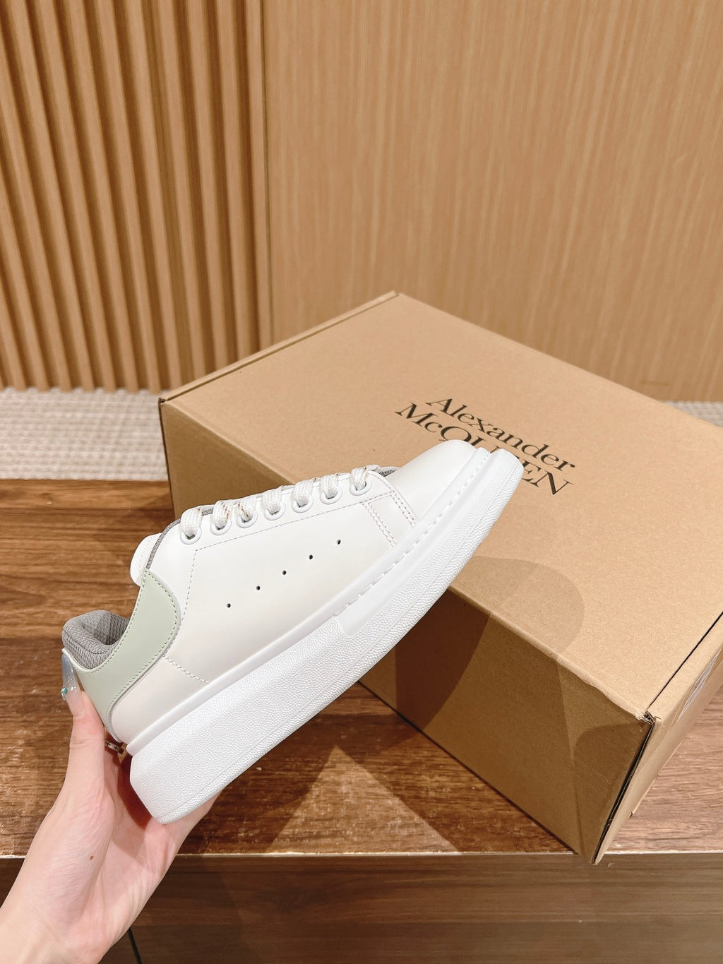 Alexander McQueen white sneakers, gray side panels, perforated toe