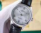 Rolex Datejust watch, silver dial with Roman numerals, black leather strap, crown side