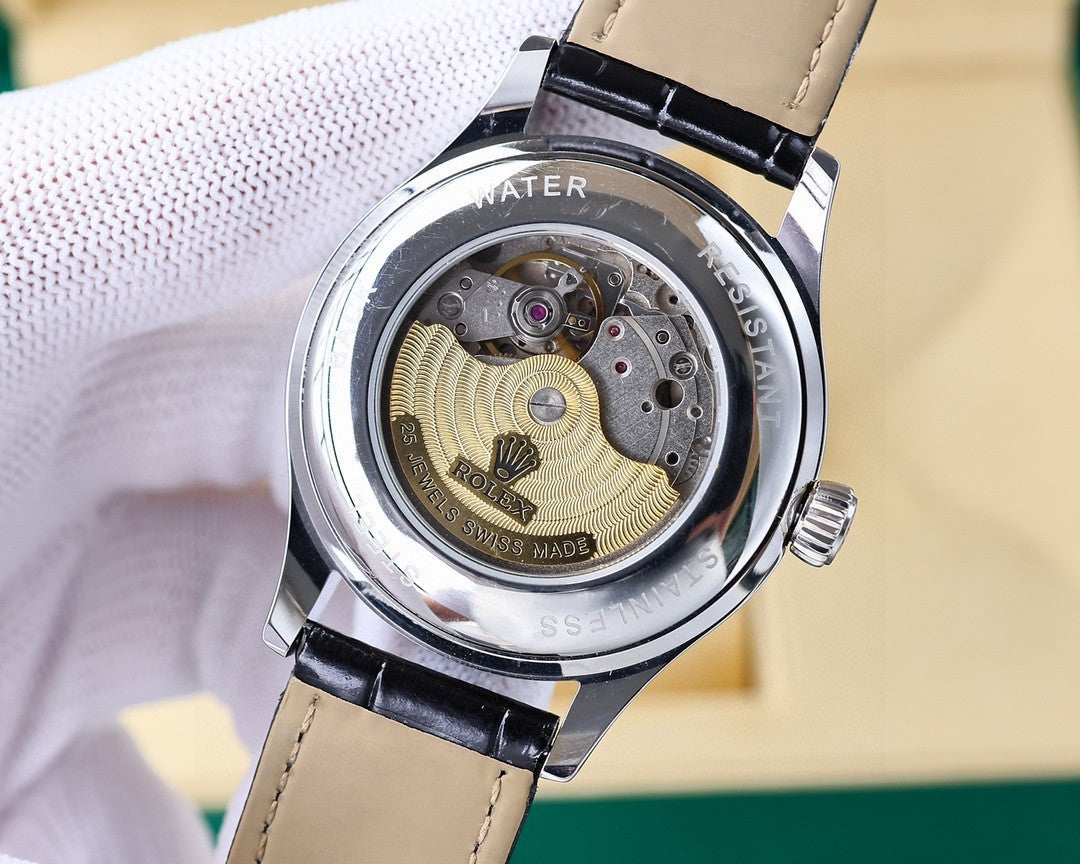 Rolex Datejust watch caseback, visible movement, black leather strap