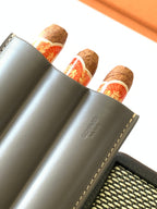 Gray leather-topped Goyard mini bag with gold stitching and embossed brand mark