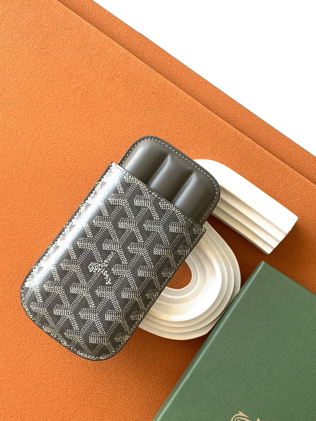 Mini Goyard-pattern bag with gray leather trim and two drink tube compartments