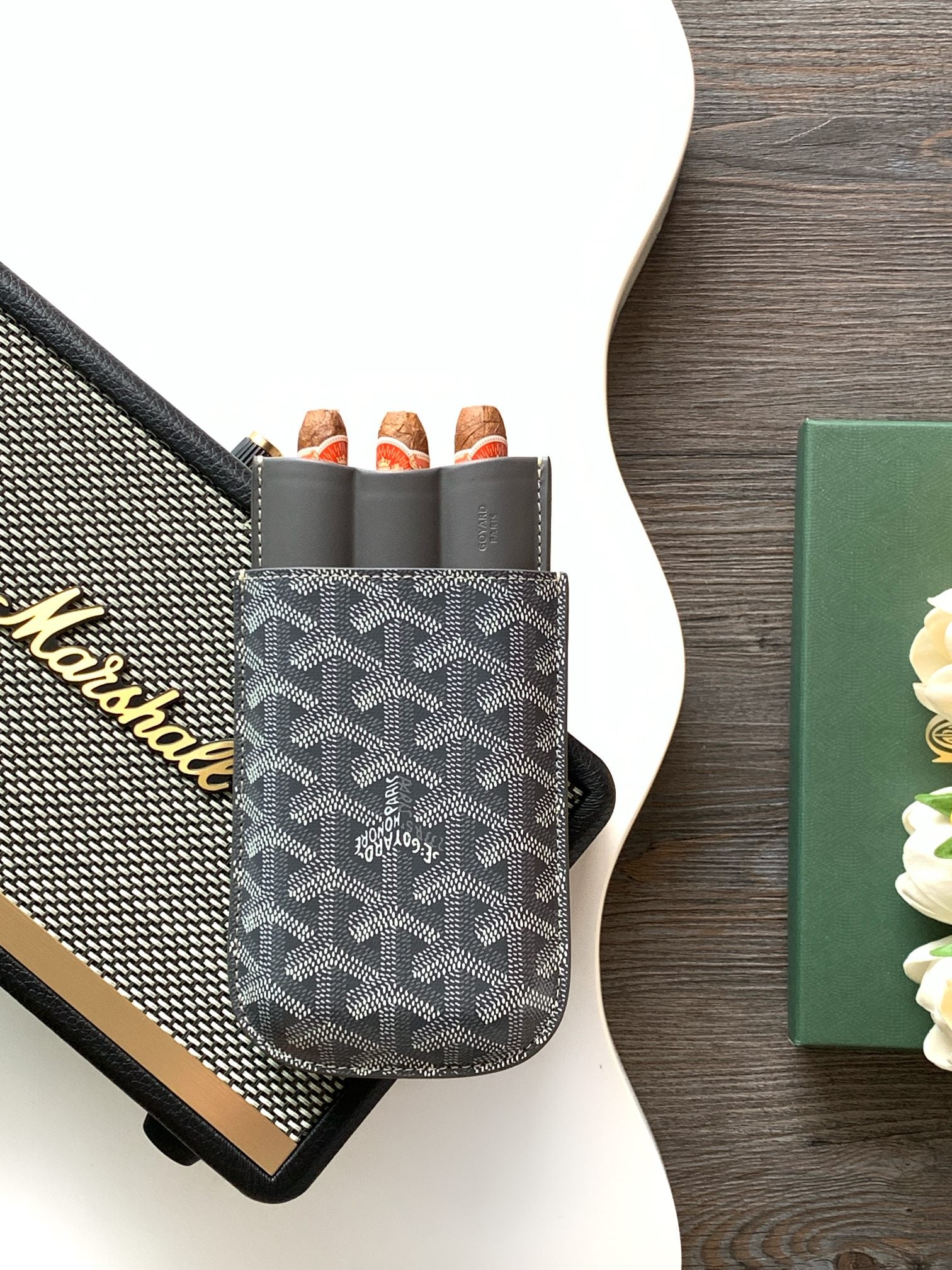 Goyard-patterned mini bag with multiple tube holders and gold-tone branding