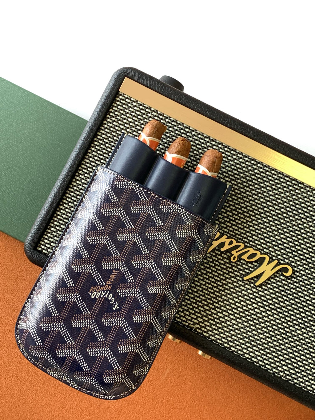 Small Goyard patterned pouch bag with navy leather and three bottle holders