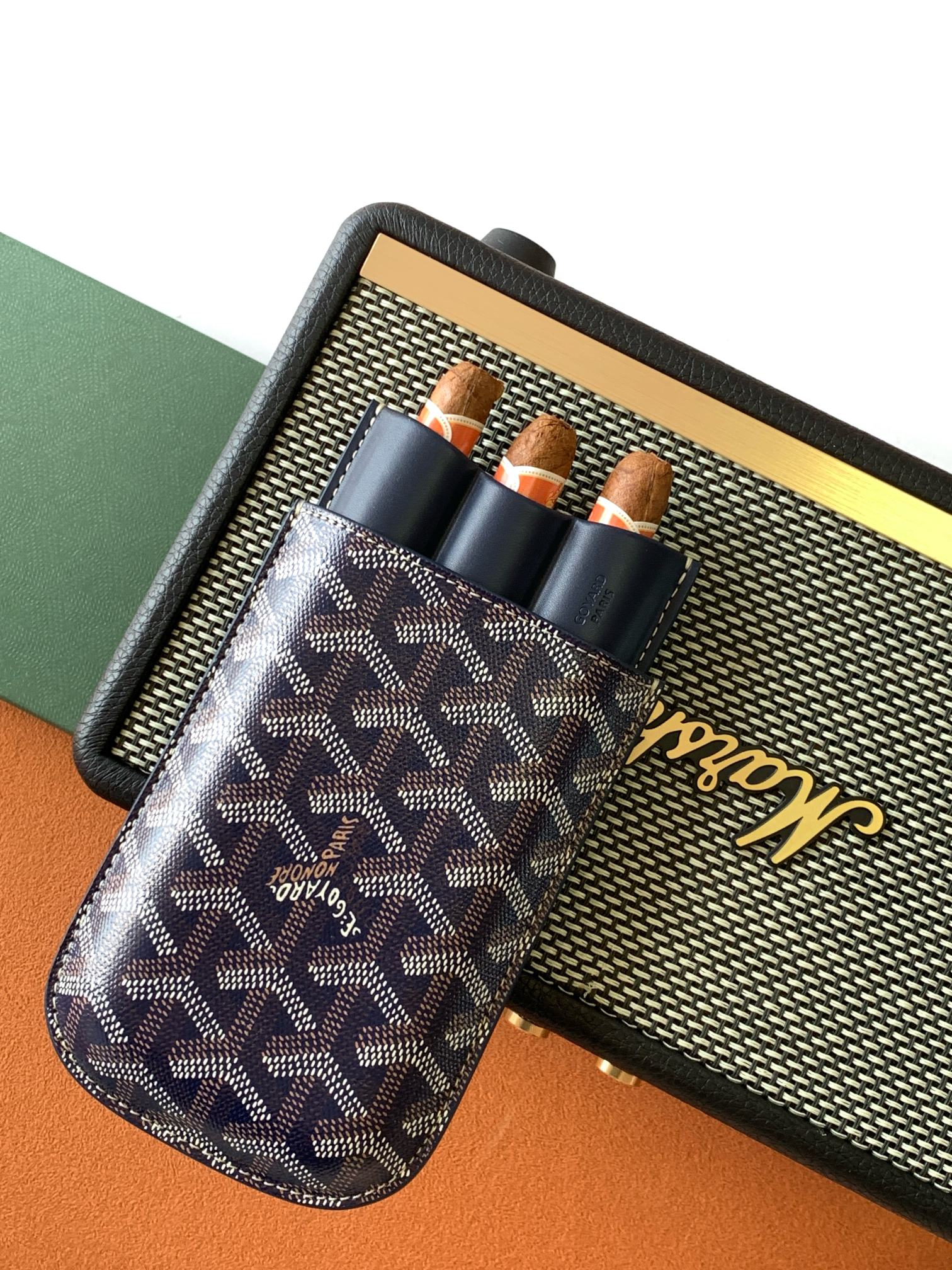 Small Goyard patterned pouch bag with navy leather and three bottle holders
