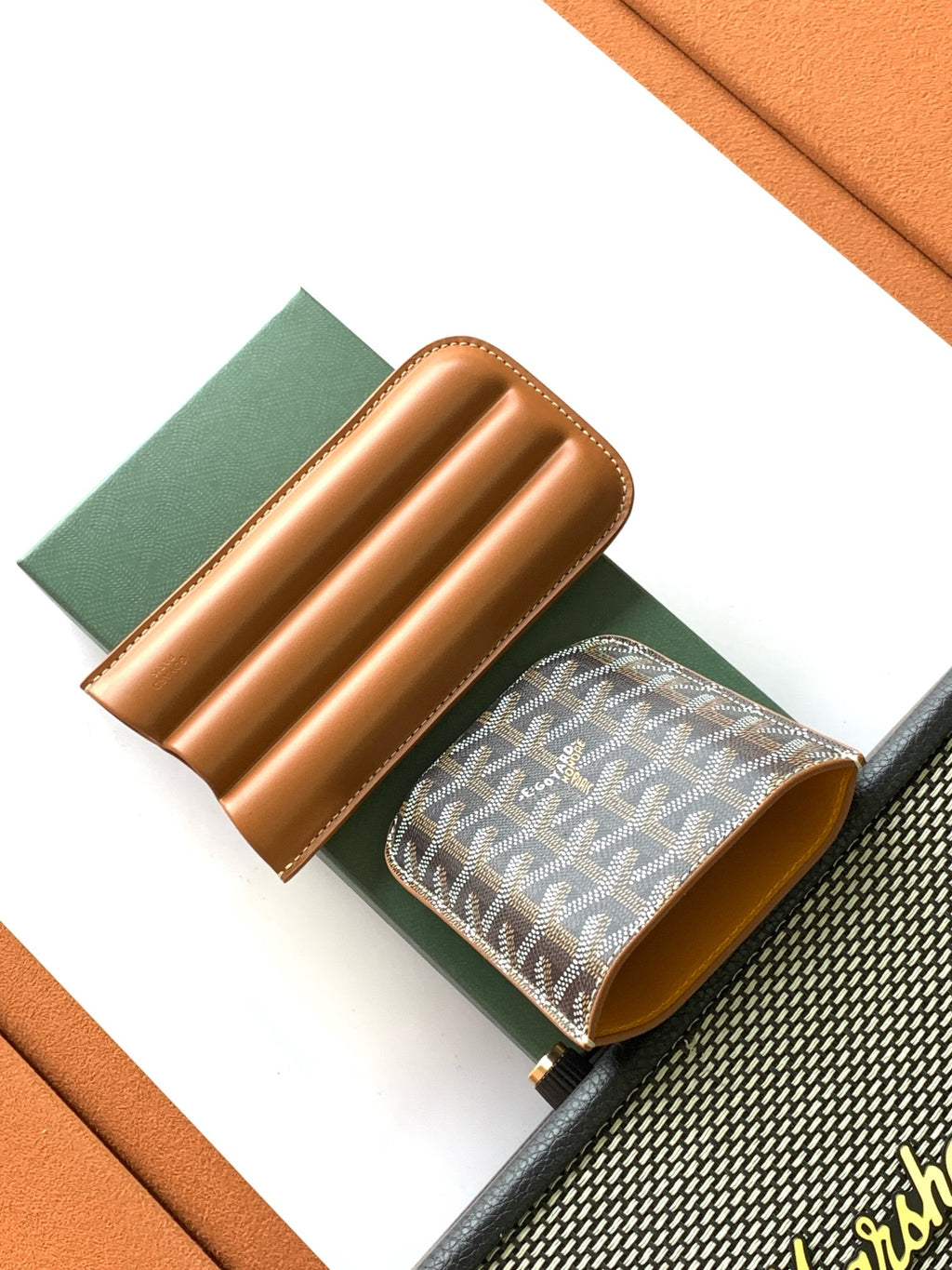 Goyard bag with Goyardine patterned pouch and tan leather organizer, open view