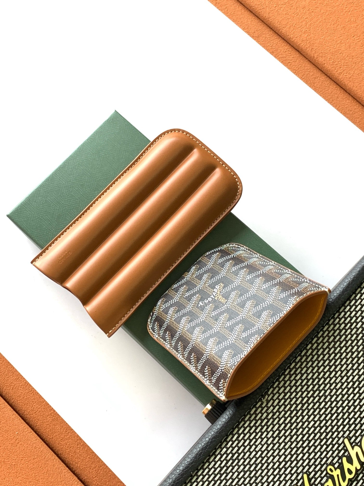 Goyard bag with Goyardine patterned pouch and tan leather organizer, open view
