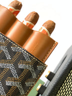 Goyard canvas bag detail with tan leather interior pockets and Goyardine patterned exterior