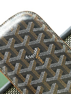 Goyard canvas bag close-up with Goyardine pattern and embossed logo on flap
