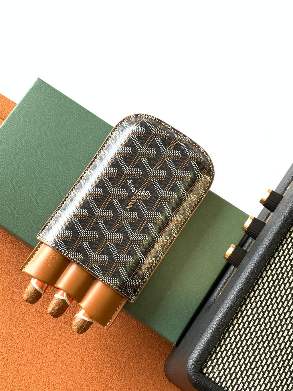 Goyard canvas bag with Goyardine pattern pouch, tan leather base and outer trim