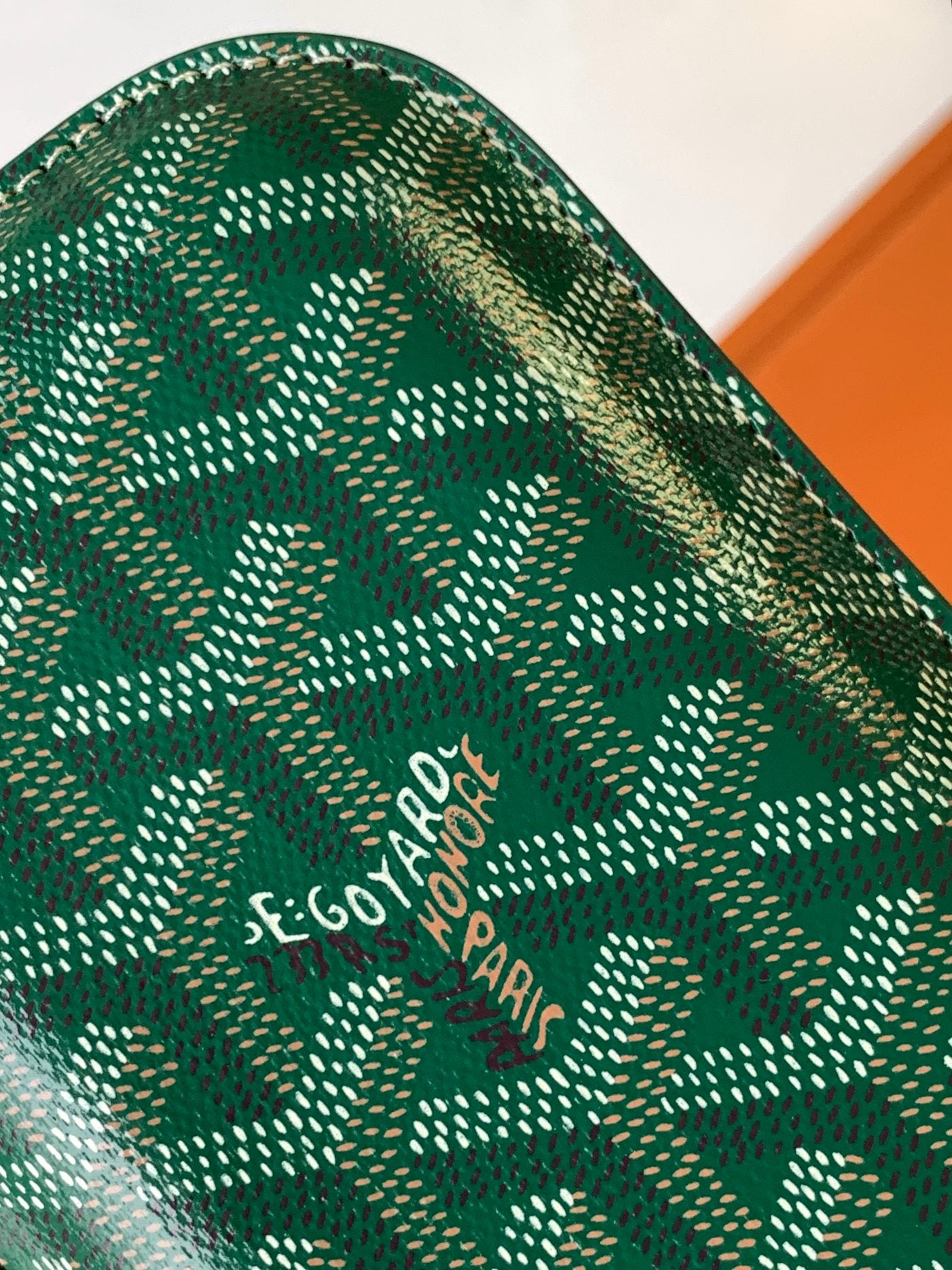 Goyard green patterned card holder logo detail printed on fabric