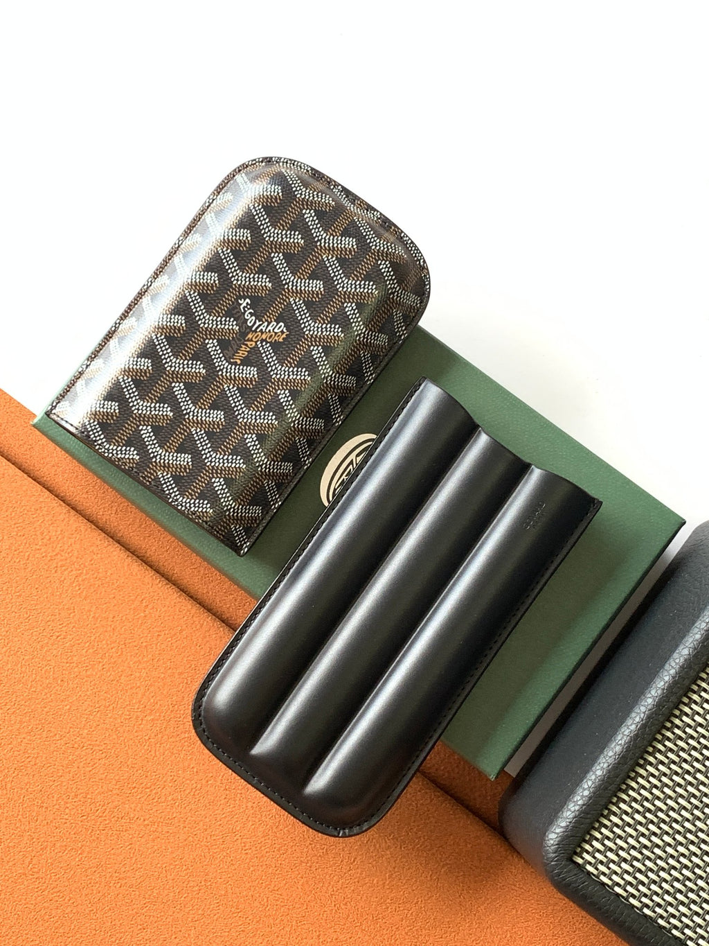 Goyard patterned bag case with black leather base and standing holder compartments