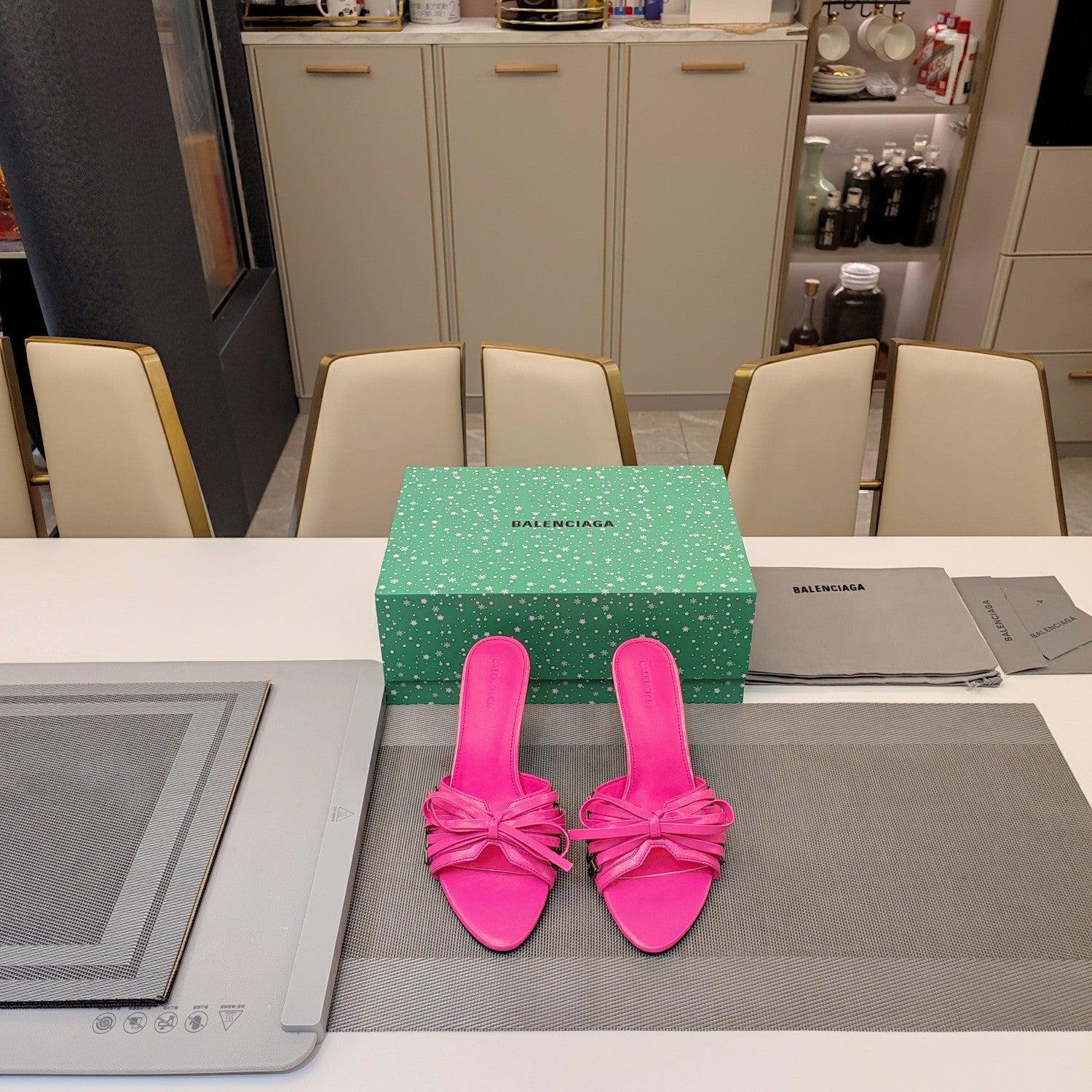 Balenciaga pink bow tie mule sandals with high stiletto heels